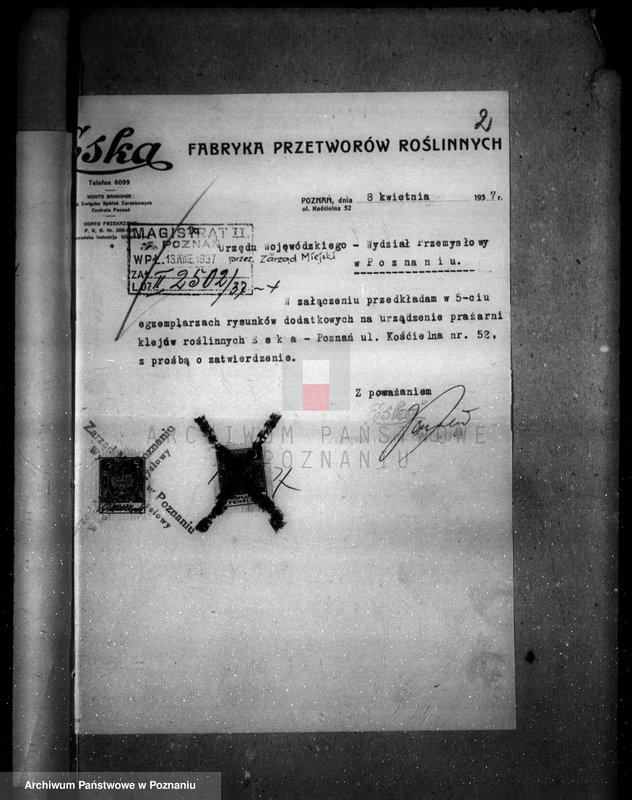 image.from.unit.number "Zatwierdzenie zakładu przemysłowego /prażarni klejów roślinnych/ firmy "Eska" Ignacego Pazoły w Poznaniu"