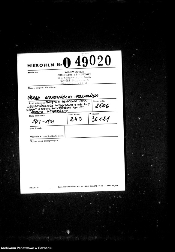 Obraz 2 z jednostki "Majątek Osieczna powiatu leszczyńskiego wyłączenie z art. 4/5 ustawy o reformie rolnej Henryk Heydebrand"