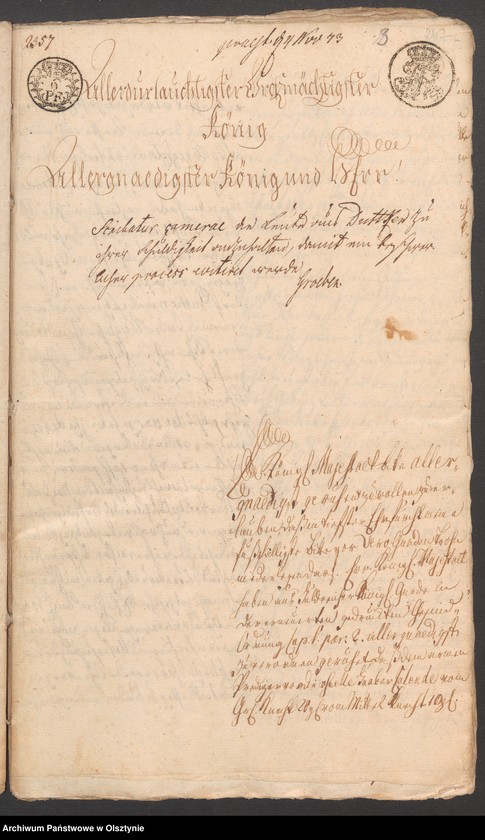 image.from.unit.number "In S. [Sachen] des Prediger Floeß in Schwentainen [Świętajno]. Wegen der Statt der vormahligen Haber„Calende von den Knechten in der neuen Gesinde Ordnung festgesetzten jezo aber von denen als Knechte bey ihren Eltern dienen, den Sohnen in Dorffe Dutcken [Dudki] verweigerten kleinen jährlichen Geld Abgabe"