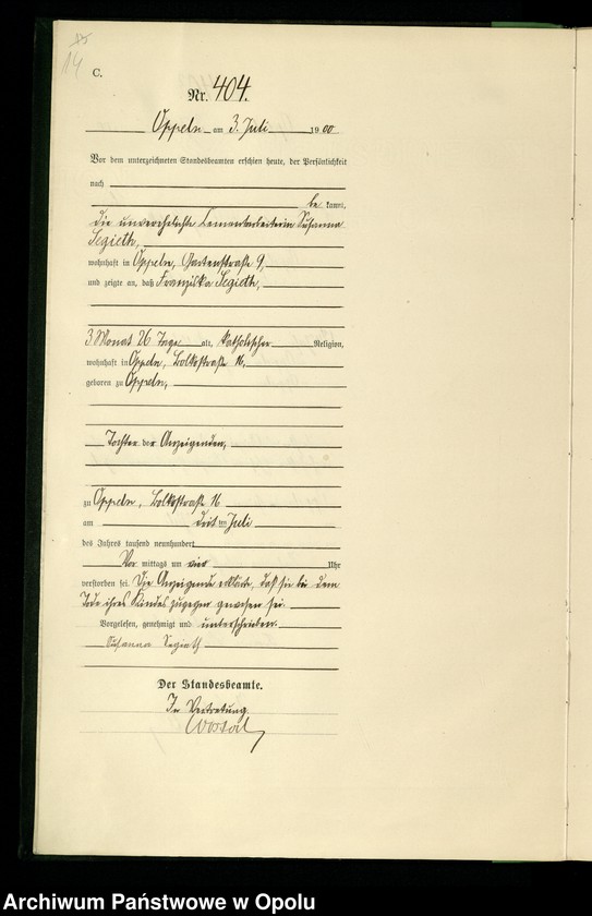 Obraz 17 z jednostki "Urząd Stanu Cywilnego w Opolu 1900 Rejestr zgonów Księga Miejscowa Nr 392 do 807"