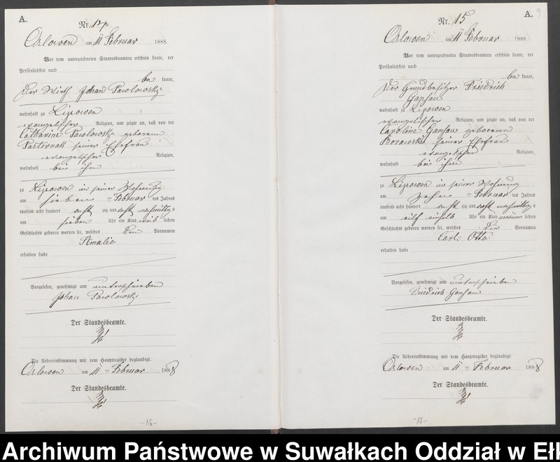 image.from.unit.number "Geburts-Neben-Register des Preussischen Standes-Amtes Orlowen Kreis Loetzen für das Jahr 1888"
