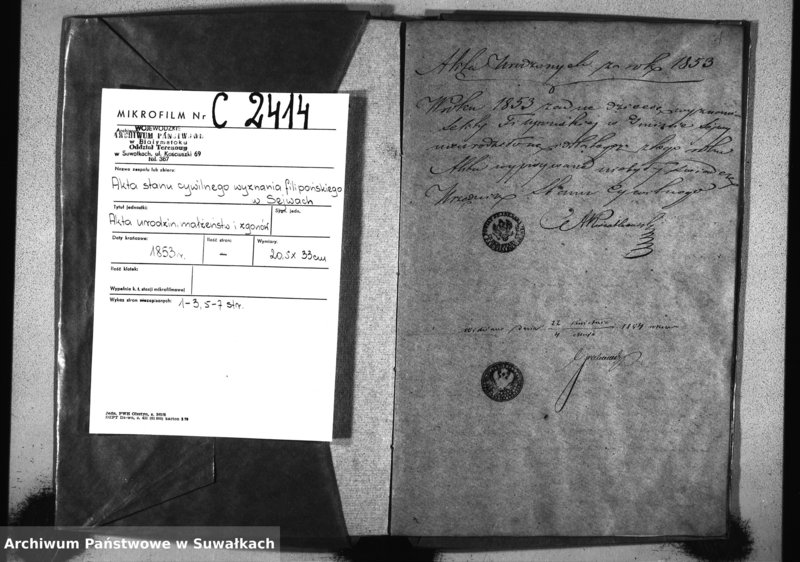 image.from.unit.number "Duplikat Urodzonych Zmarłych i Zaślubionych Sekty Filiponów z Gminy Sejwy za rok 1853"