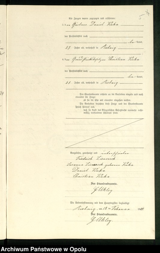 Obraz 8 z jednostki "Heiraths-Neben-Register Standes-Amt Riebnig 1900"