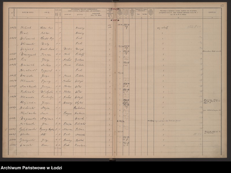 Obraz 20 z jednostki "Księga kontroli ruchu ludności (rejestr osób przybywających do gminy) Łódź, komisariat VIII, ks. V, nr 11249-11615"