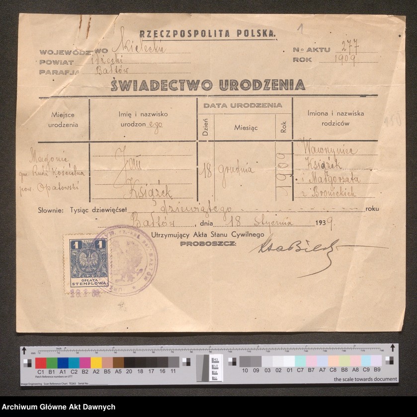 image.from.unit "Parafia: Bałtów (pow. ostrowiecki, woj. świętokrzyskie). Świadectwo urodzenia Jana Książka, ur. 18 XII 1909 r. we wsi Majdan, wyst. przez proboszcza parafii, utrzymującego akta stanu cywilnego."