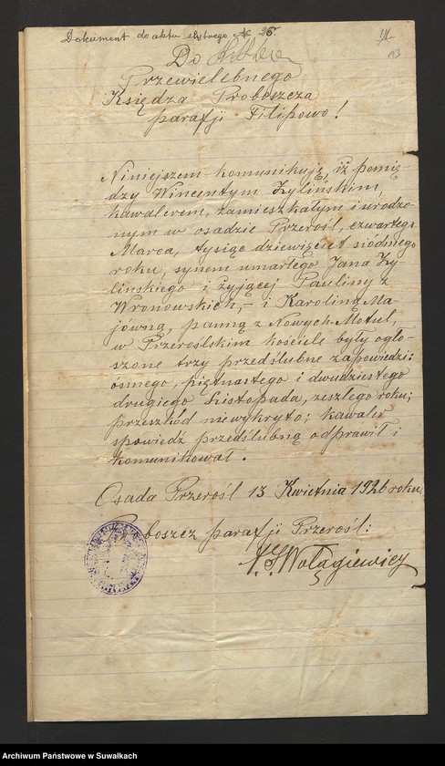 image.from.unit.number "Dokumenty Przedstawione do ślubnych aktów w roku 1926, Filipowskiej Rzymsko-Katolickiej parafji."