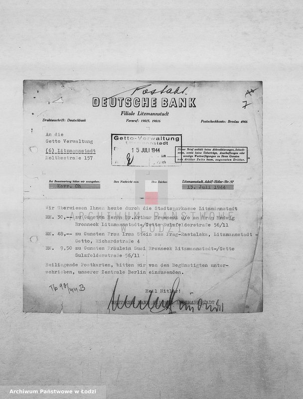 Obraz 10 z jednostki "Banken [Korespondencja PSŻ z GV i bankami niemieckimi w sprawie przekazów pieniężnych dla ludności getta]"