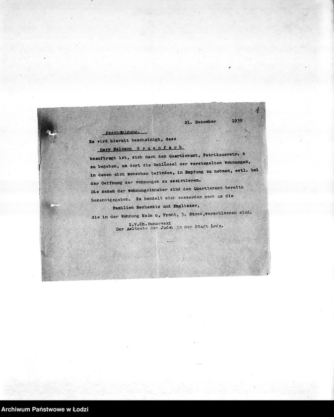 Obraz 4 z jednostki "Sprawy zaświadczeń [m.in. o zatrudnieniu mieszkańców getta, wysokości poborów, miejscu zamieszkania, sytuacji materialnej, wsparciach pieniężnych]"