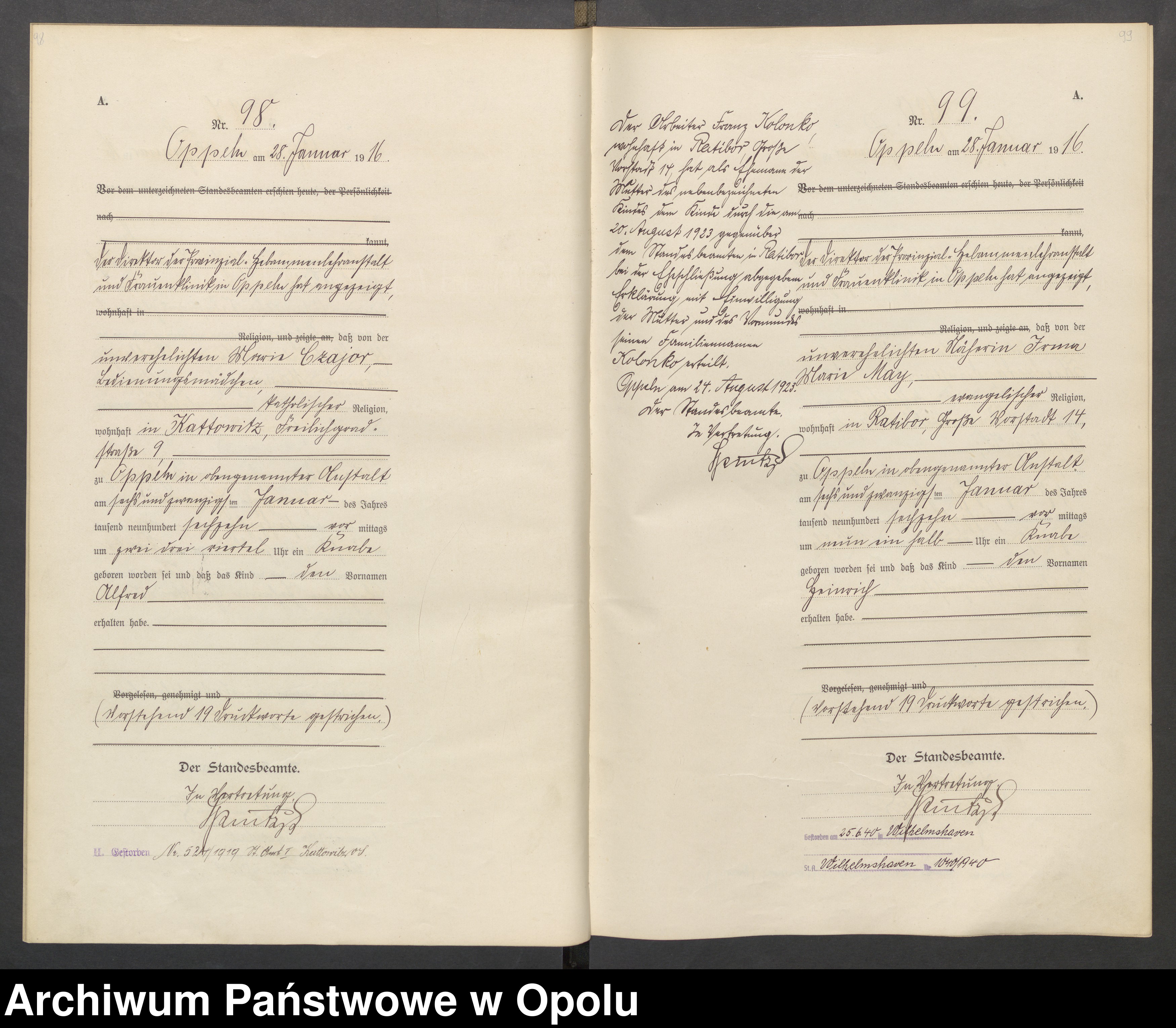 Skan z jednostki: Urząd stanu Cywilnego Opole Księga Urodzeń Rok 1916 1-395