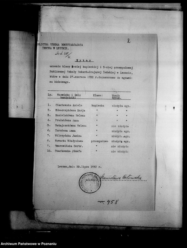 Obraz 5 z jednostki "Państwowa Szkoła Przemysłowo Handlowa Żeńska- Leszno [protokół z egzaminu końcowego]"