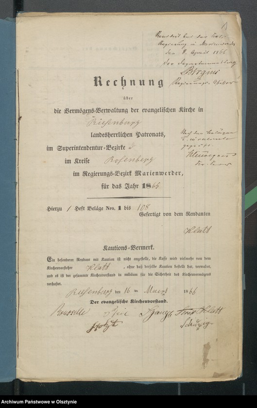 image.from.unit.number "Jahres Rechnung den beiden ewangelischen Kirchen zu Riesenburg"
