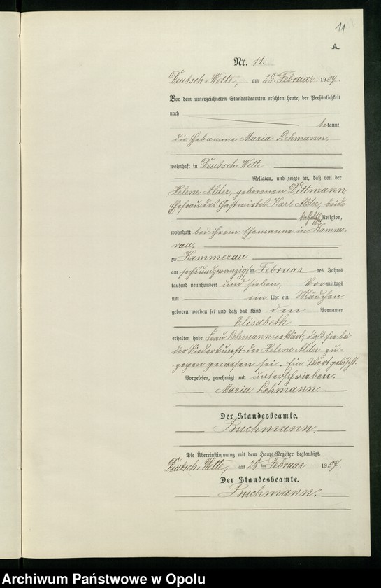 Obraz 15 z jednostki "Geburts-Neben-Register des Standesamts Deutsch Wette pro 1907"