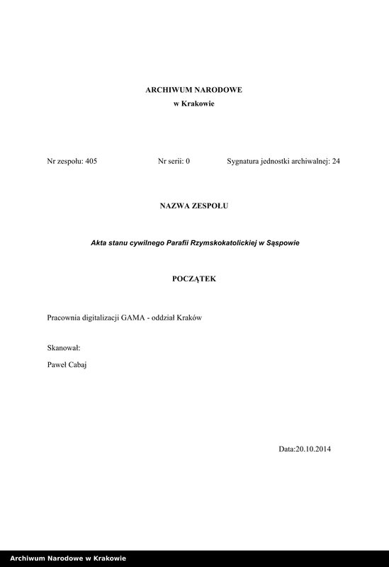 Obraz 1 z jednostki "Duplikat aktów urodzeń, małżeństw i zgonów Parafii Rzymsko-Katolickiej Sąspów"