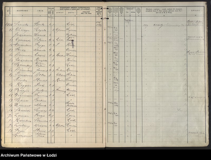 image.from.unit.number "Księga kontroli ruchu ludności (rejestr osób przybywających do gminy) Łódź, komisariat I, t. II nr 3456-6785"