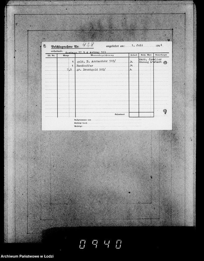 Obraz 14 z jednostki "Gestapo Kulmhof Leslau 400-436 [Kartoteka skonfiskowanego majątku ruchomego u Żydów]"