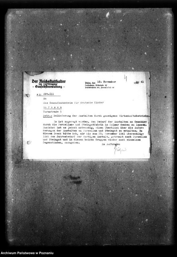 Obraz 8 z jednostki "Schriftwechsel mit der Gauselbsverwaltung [Korespondencja dotycząca spraw gospodarczych, dane o dzieciach, listy personelu niemieckiego]."