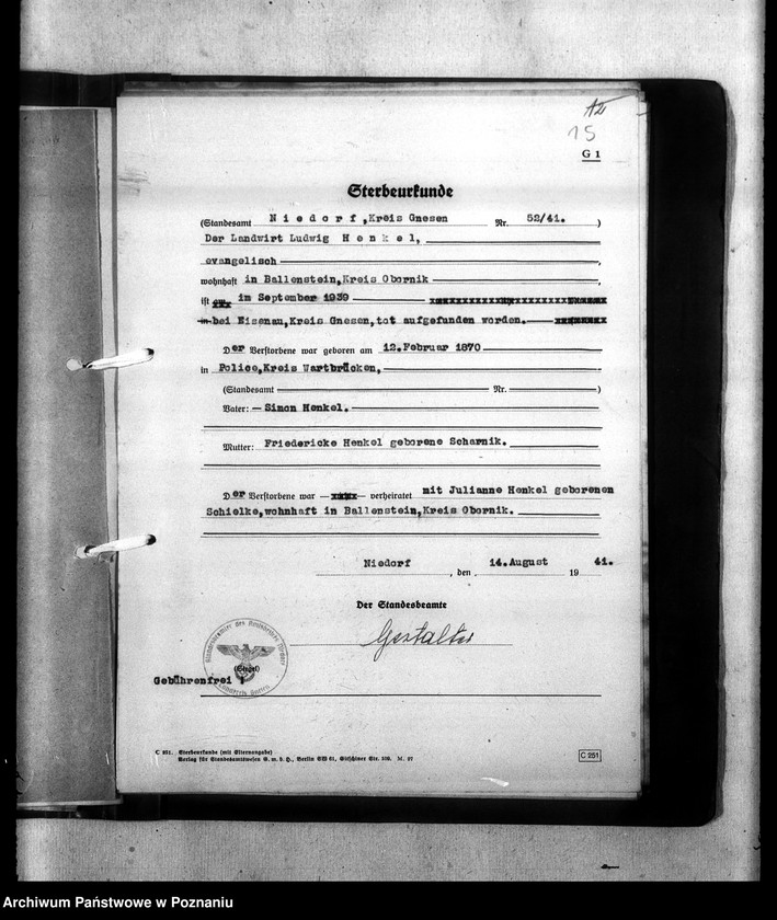 Obraz 19 z jednostki "Kreis Gnesen (Gniezno). Wykazy miejscowych Niemców, którzy zginęli w 1939 roku"