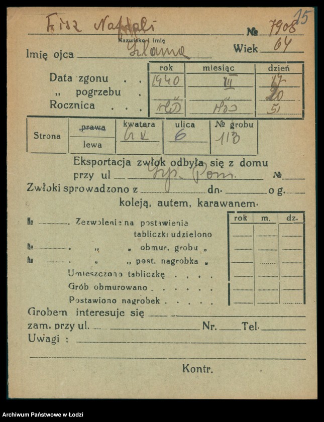 Obraz 16 z jednostki "Kartoteka osób pochowanych na cmentarzu żydowskim przy ulicy Brackiej w latach 1892-1957. Nazwiska na litery: Fisz-For"