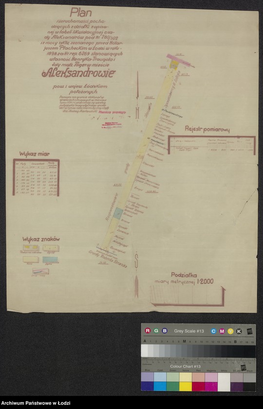 Obraz 1 z jednostki "Plan nieruchomości pochodzących z działki zapisanej w tabeli likwidacyjnej osady Aleksandrów pod Nr. 280/302 i z mocy aktu zeznanego przed Notarjuszem Płacheckim w Łodzi w roku 1898 za Nr. rep. 6269 stanowiącym własność Henryka Traugota i Idy małżonków Fliger w mieście Aleksandrowie"