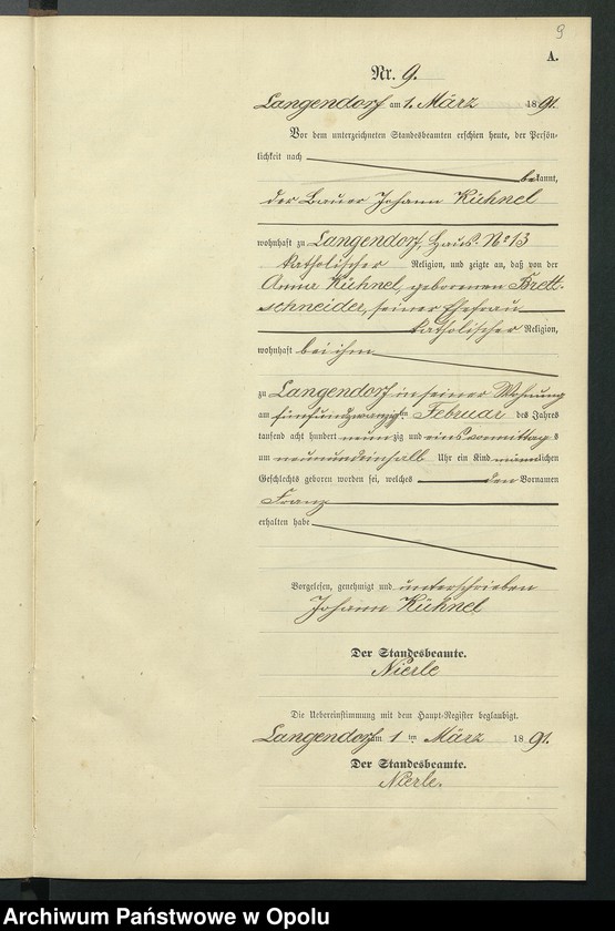 Obraz 13 z jednostki "Geburts-Neben-Register des Standesamts Langendorf pro 1891"