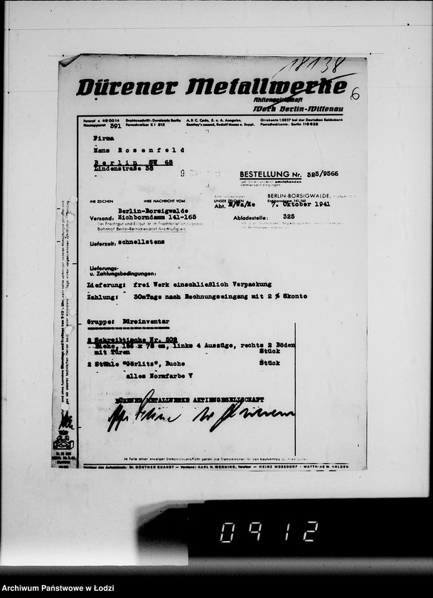 Obraz 10 z jednostki "Korrespondenz Firma Hans Rosenfeld-Büromebel mit Getto-Verwaltung betr.Büromebel"