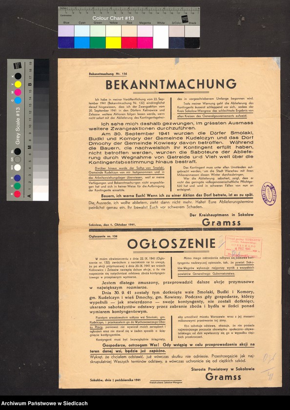 Obraz 1 z kolekcji "Afisze okupacyjne powiatu sokołowskiego 1939-1944.111"