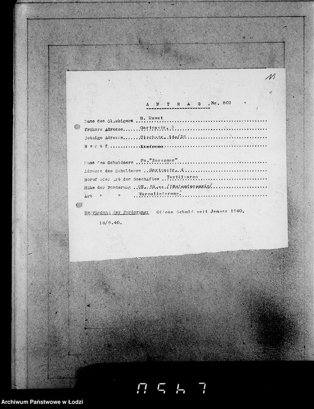 Obraz 15 z jednostki "J.801-820 [Wnioski Żydów z Getta o zwrot należności za towar wzięty na kredyt oraz za wykonaną pracę]"