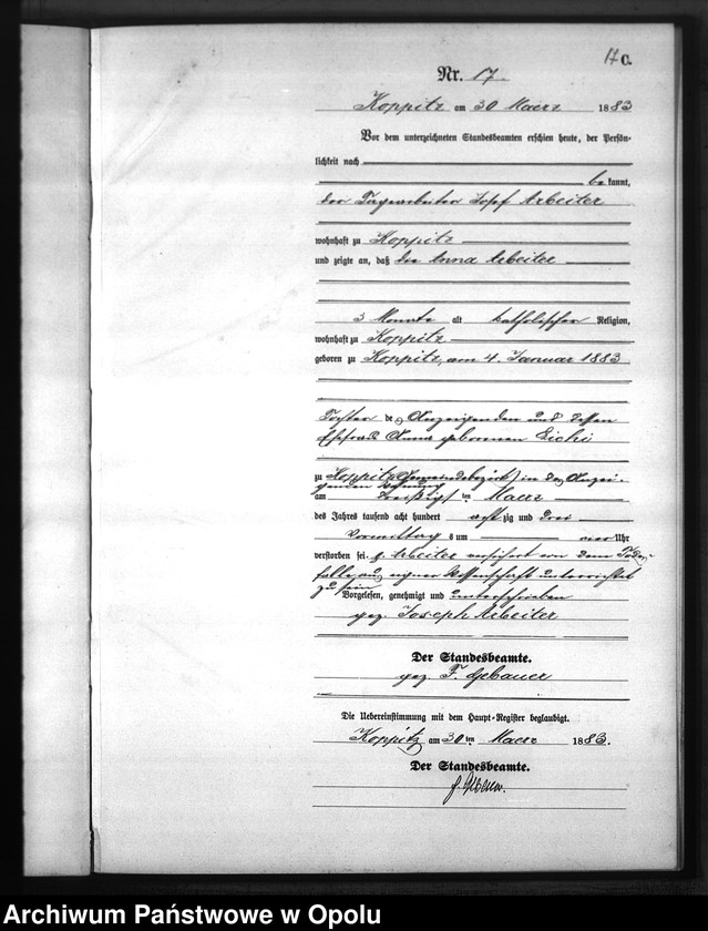 Obraz 20 z jednostki "Sterbe-Neben-Register Standesamts Koppitz pro 1883"