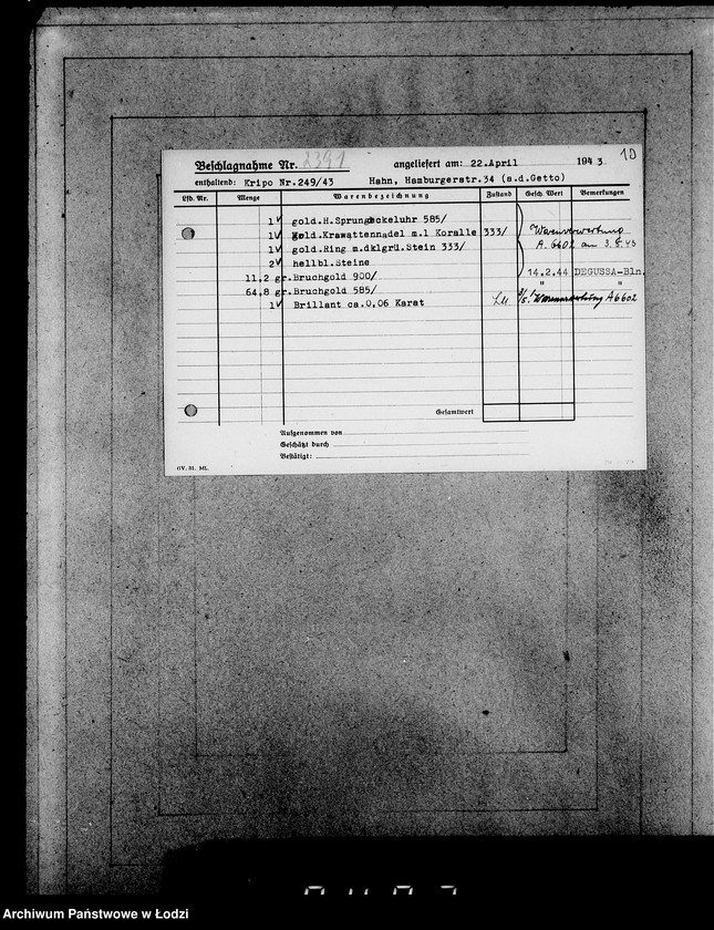 Obraz 14 z jednostki "Kripo 2201-2400 [Kartoteka skonfiskowanego majątku ruchomego u Żydów]"