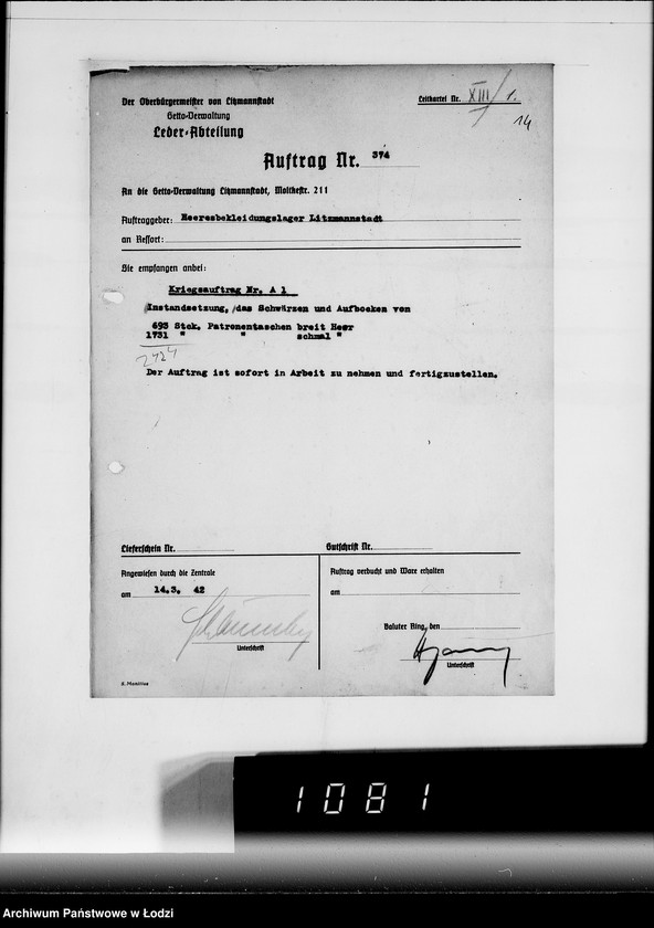 Obraz 18 z jednostki "Kriegsauftrag J.S 374 94 Patronentaschen [dla Heeresbekleidungsamt Litzmannstadt]"