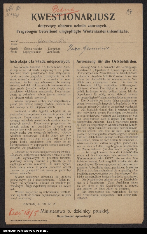 Obraz 19 z jednostki "[Kwestionariusze dotyczące obszaru ozimin zaoranych, powiat gniewski]"