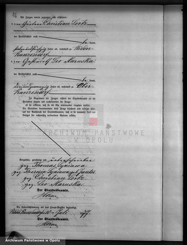 Obraz 16 z jednostki "Heiraths-Neben-Register Standesamts Kunzendorf pro 1877"