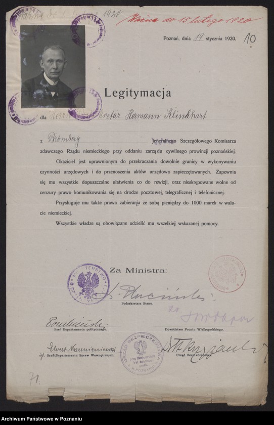 Obraz 12 z jednostki "[Egzemplarz legitymacji wydanych przez polskie władze komisarzom niemieckim dla oddania zarządu cywilnego prowincji poznańskiej]"