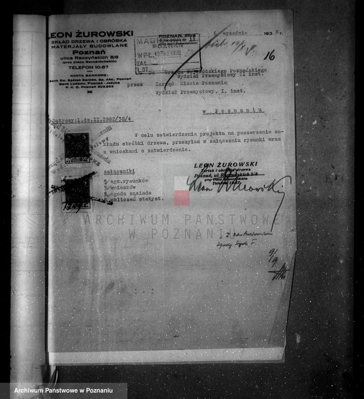 image.from.unit.number "Zatwierdzenie zakładu przemysłowego /tartaku i obróbki drzewa/ Własność L. Żeromskiego w Poznaniu"