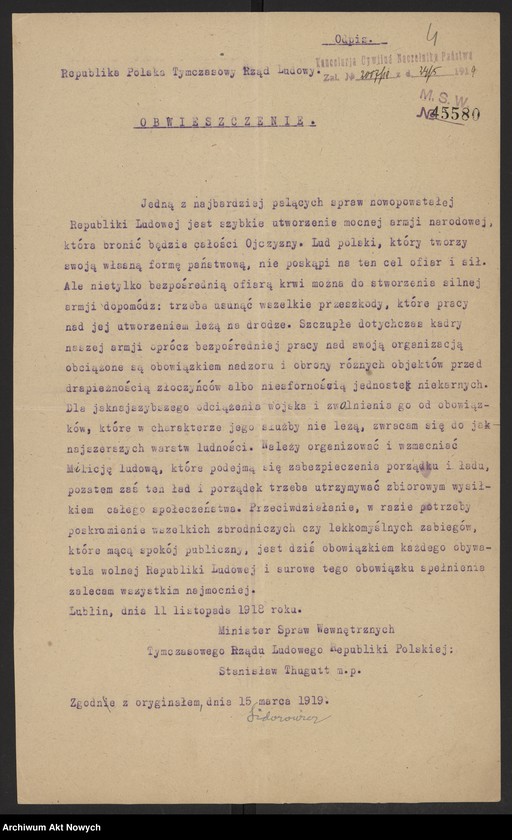 image.from.unit.number "Odpisy postanowień Tymczasowego Rządu Ludowego RP I. Daszyńskiego oraz dekrety przesłane do zatwierdzenia Naczelnikowi Państwa przez Radę Ministrów, pod przewodnictwem J. Moraczewskiego a następnie I. Paderewskiego."