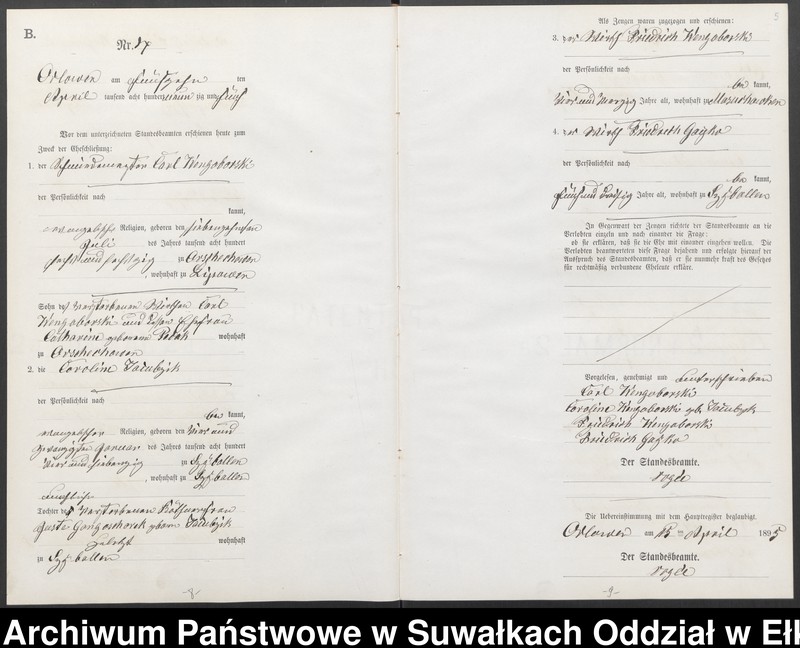 image.from.unit.number "Heiraths-Neben-Register des Preussischen Standes-Amtes Orlowen Kreis Loetzen für das Jahr 1895"