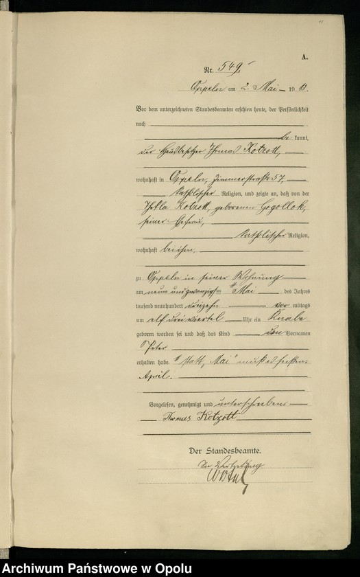 Obraz 15 z jednostki "Urząd Stanu Cywilnego Opole Księga Urodzeń Rok 1913 540-1057"