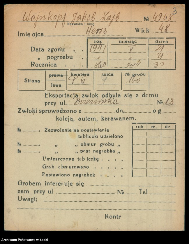 Obraz 4 z jednostki "Kartoteka osób pochowanych na cmentarzu żydowskim przy ulicy Brackiej w latach 1892-1958. Nazwiska na litery: Wajnh-Wajs"