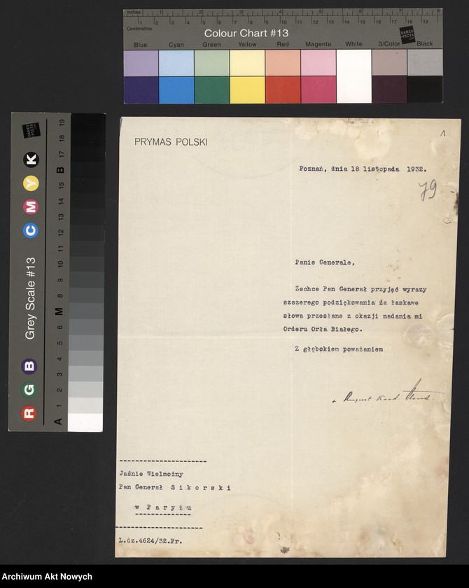 image.from.unit.number "Hlond August, kardynał, prymas Polski. Podziękowania za życzenia."