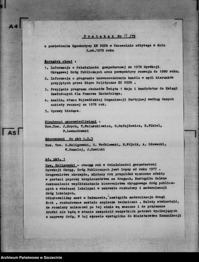 Obraz 5 z jednostki "Protokół posiedzenia Egzekutywy Komitetu Wojewódzkiego Polskiej Zjednoczonej Partii Robotniczej: 3 kwietnia 1979 r."