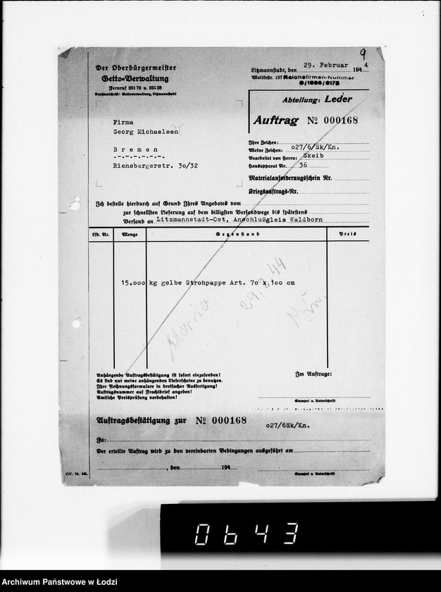 Obraz 14 z jednostki "Koresp.Radegast.[Dotyczy transportu starego obuwia oraz spodów do drewniaków]"