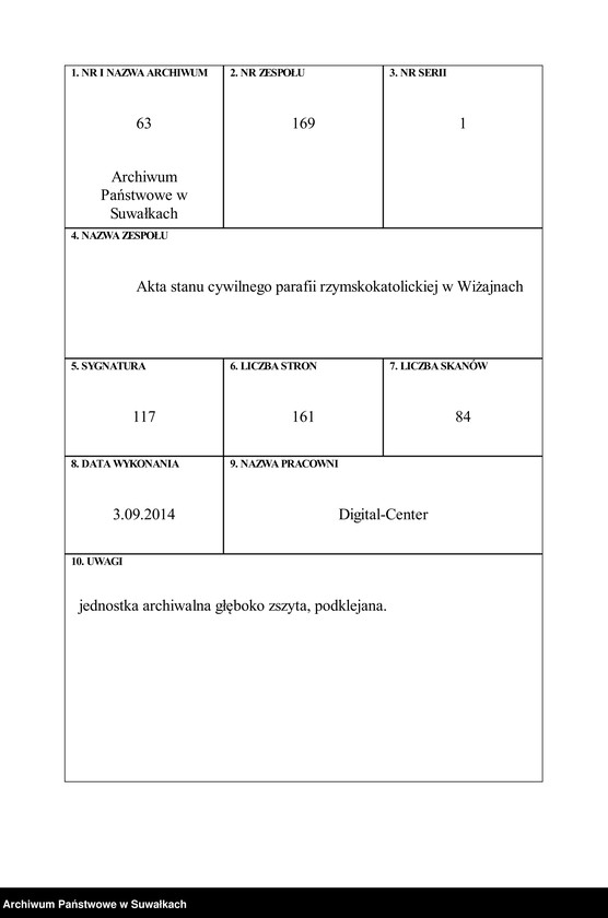 Obraz 1 z jednostki "Parafia rzym.-kat. Wiżajny. Akta urodz. małż. i zgonów"