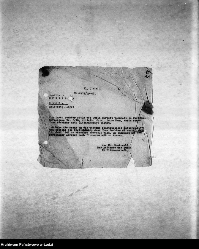 Obraz 14 z jednostki "[Korespondencja PSŻ w sprawie ruchu ludności getta, indywidualnych przesiedleń, przekazywania dzieci do getta itp.]"