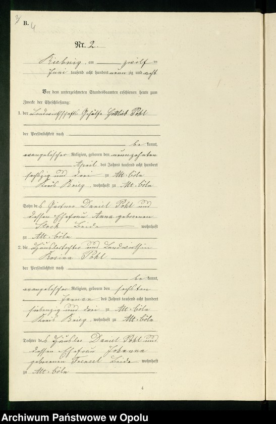 Obraz 7 z jednostki "Heiraths-Neben-Register Standes-Amt Riebnig 1898"