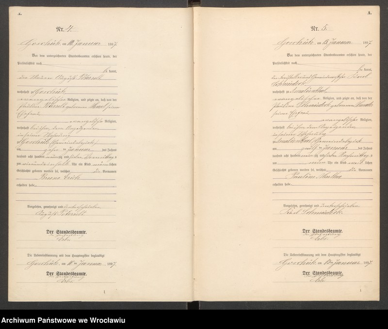 Obraz 5 z jednostki "księga urodzeń Urzędu Stanu Cywilnego w Goszczu (Goschütz) 1897"
