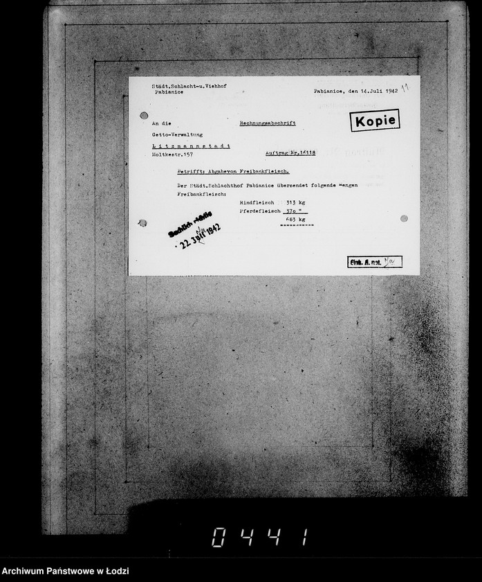 Obraz 14 z jednostki "Aufträge, [Lieferscheinen und Rechnungen] 16051-16121 [Zamówienia, rachunki, dowody dostaw, zapotrzebowania na żywność dla Getta]"