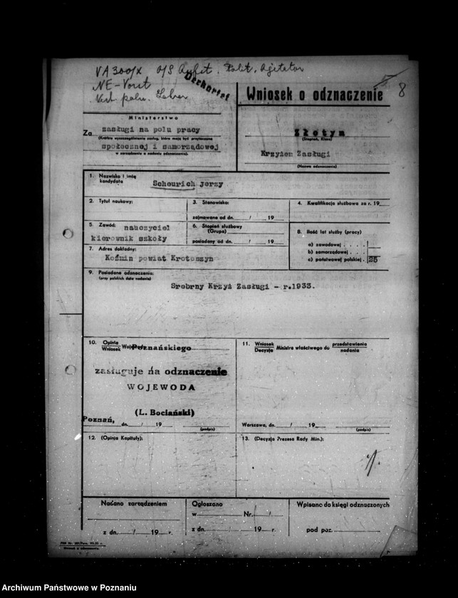 Obraz 13 z jednostki "/Wnioski o odznaczenie ,,Krzyżem Zasługi/"