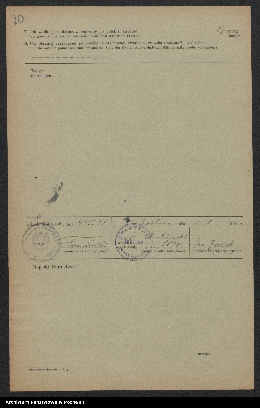 Obraz 17 z jednostki "[Kwestionariusze dotyczące stwierdzenia gruntów znajdujących się po niemieckiej stronie pogranicza a zarządzanych przez zamieszkałych po stronie polskiej] powiat leszczyński"