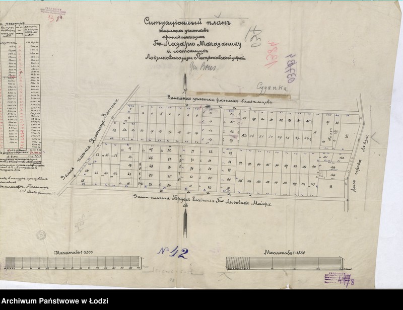 Obraz 2 z jednostki "Ситуацiонный планъ земельныхъ участковъ принадлежащихъ Господину Лазарю Магазанику и состоящихъ Лодзинскаго уѣзда Петроковской губернiи"