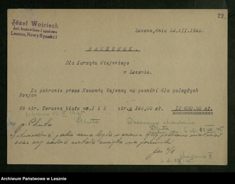 Obraz 20 z jednostki "[Sprawy budowy pomnika upamiętniającego poległych żołnierzy radzieckich i polskich, ufundowanie pamiątkowej tablicy w miejscu rozstrzelania 21 Polaków 21 X 1939 r., sprawy dbania o cmentarze i mogiły żołnierzy]"